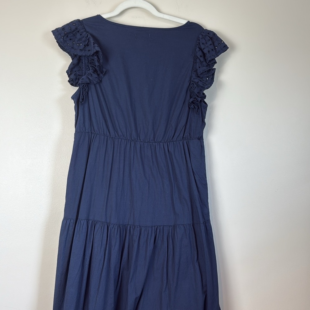 Maison Jules Long Navy Dress with Ruffle Eyelet Sleeves Size L 100% Cotton - Picture 9 of 10
